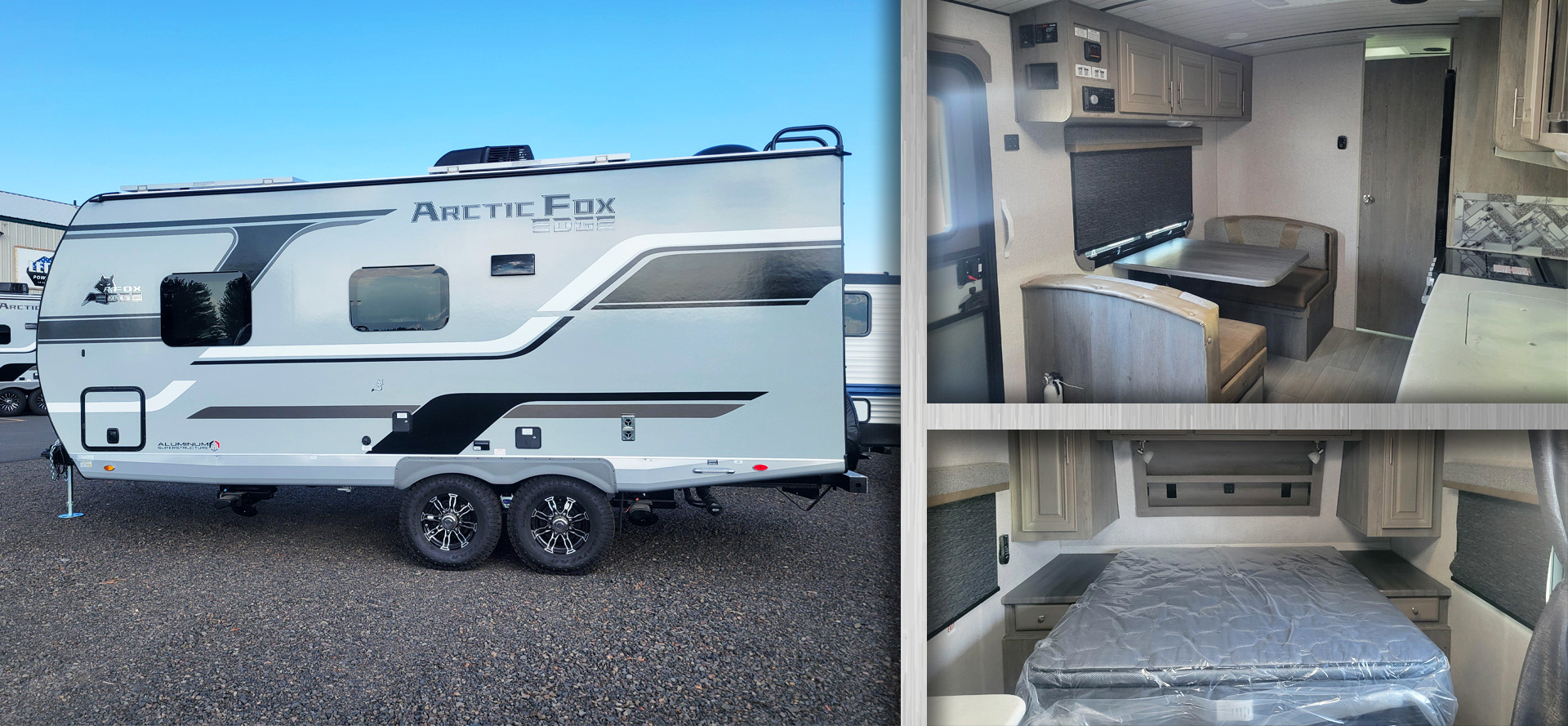 Northwood Arctic Fox Edge travel trailer exterior, dinette and bedroom serviced at Legacy Power Sports and RV in Island City, Oregon