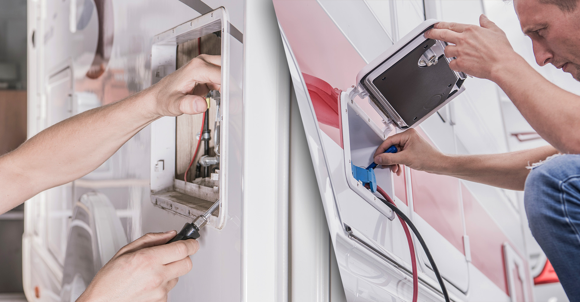 Technician draining an RV water system and disconnecting the power hookup before winter